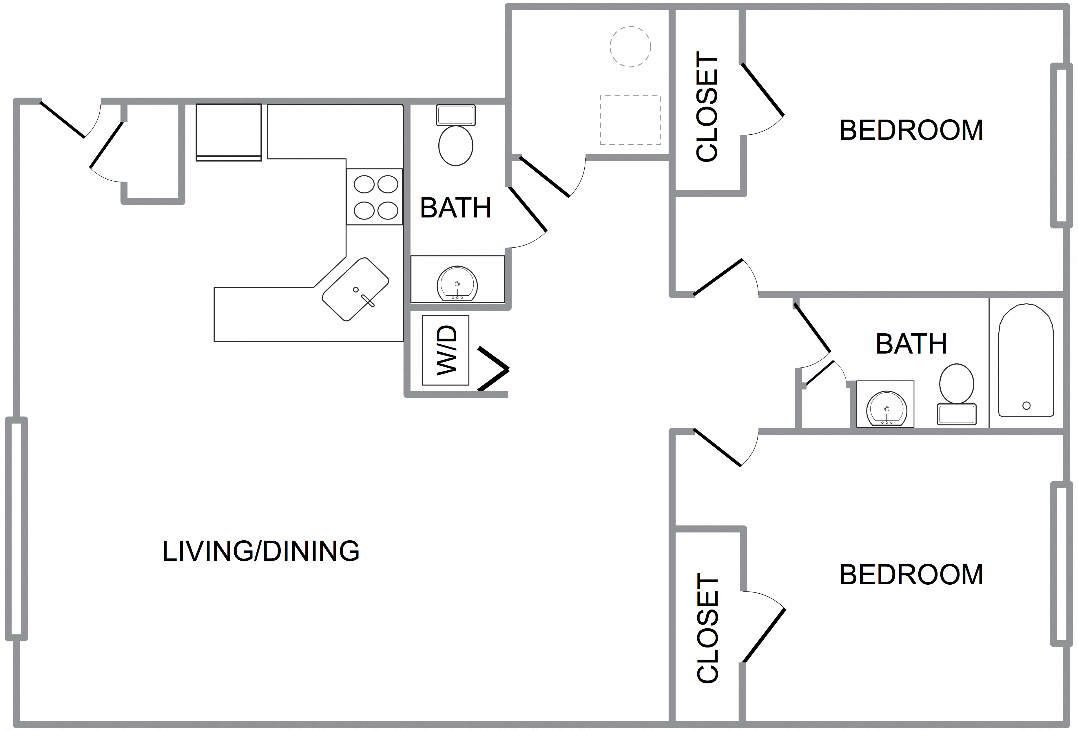 Floor plan for 2 beds, 1 bath, 875 sqft